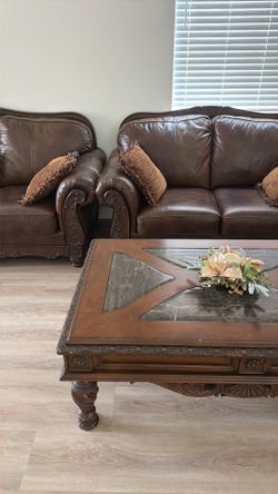 Two sofas and one loveseat and coffee table ,side table