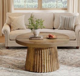 Tribesigns Coffee Table, 31.5" Small Farmhouse Round Coffee Tables with Fluted Drum Base, Mid Century Modern Boho Accent Center Table for Living Room,