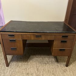 Wood Desk With Drawers. Rattan Back. Mid Century