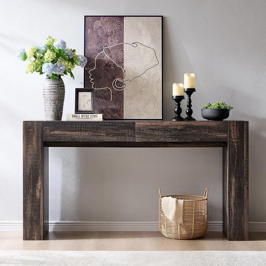 Modern Entryway Console Table, Sofa Table with Drawers, 63" Long Hall Table Behind Couch, Thick Wood Design for Living Room, Hallway，     Pr