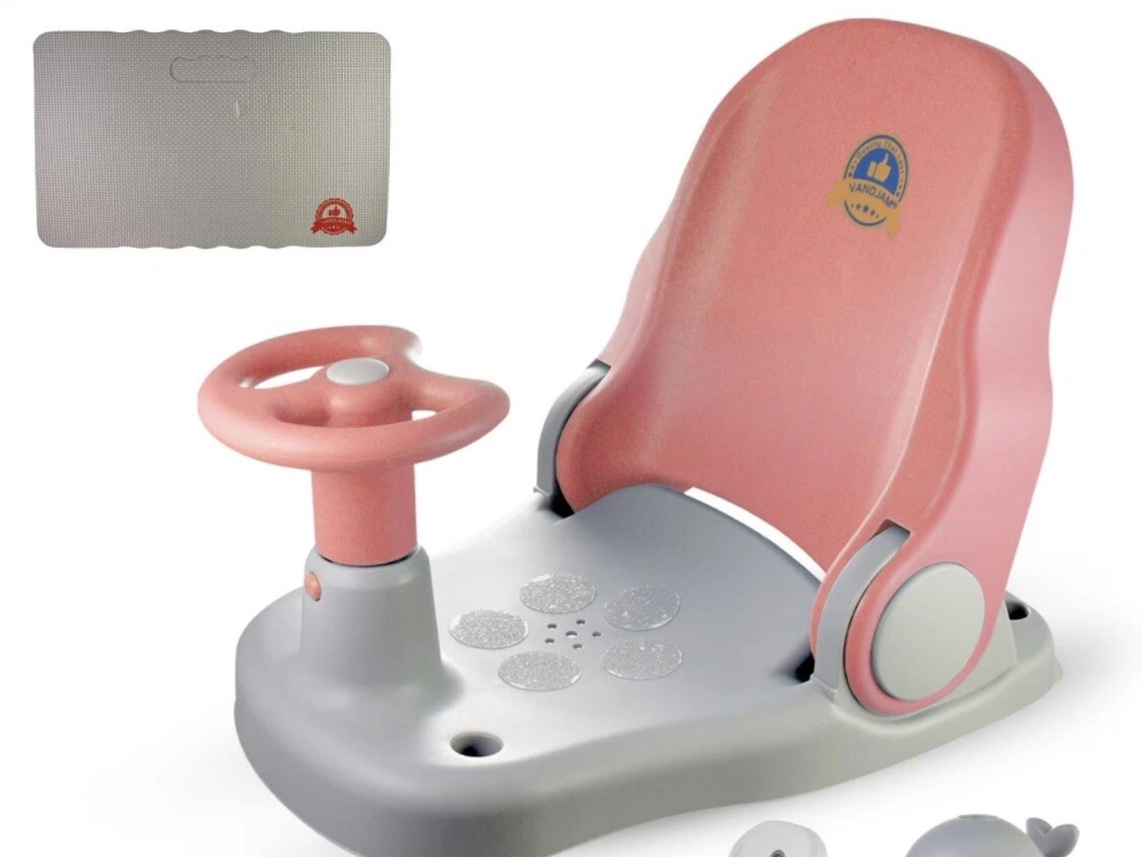 VANDJAM ™ Baby Bath Seat with Foam Kneeler Pad, Thermometer & Bath Toy – Pink