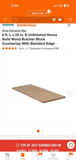 Hampton Bay 8 ft. L x 25 in. D Unfinished Hevea  Solid  Wood Butcher Block Countertop With Standard Edge new
