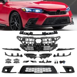 2022-2025 Honda Civic 17Pcs Grille Kit Front Bumper Bracket Fog Lights Set Hood Grill 