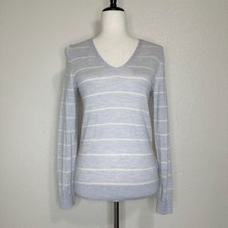 Banana Republic 100% Merino Wool Gray Striped V-neck Sweater