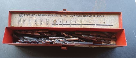 vintage metal storage box from Precision Brand Products, Inc.  assortment of loose twist drill bits