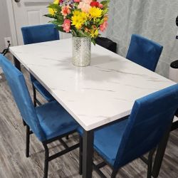 5 Piece Dining Table Set, Modern Faux Marble Table and 4 Velvet Upholstered Chairs, Rectangle Kitchen Table and Chairs for 4 Persons, Small Dining Set
