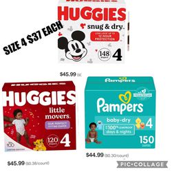 DIAPERS HUGGIES AND PAMPERS SIZE 3 4 5 6 7 $37 EACH BOX