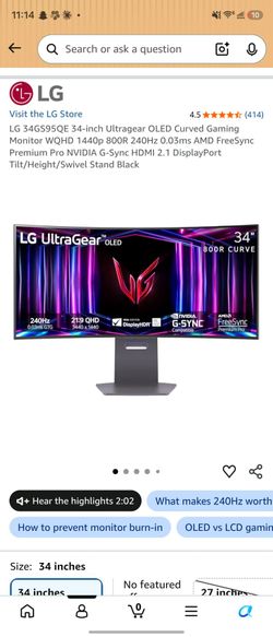 LG 34-inch Ultragear OLED Curved Gaming Monitor - Like new