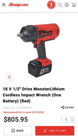 Snap-On 18 V 1/2 Drive MonsterLithium Cordless Impact Wrench (One