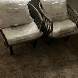 Set Of 2 Style Selections Avery Station Wicker Brown Steel Frame C-Spring Conversation Chair W/Cream Cushion Seat. New. Never Been Used(See Pictures)