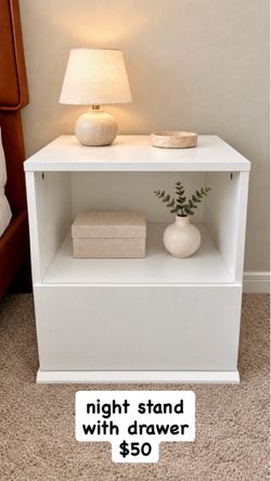 White Nightstand with Drawer and Open Shelf