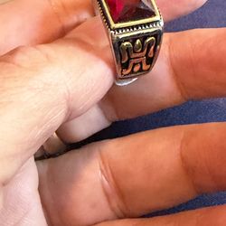 Vintage Stainless Steel Man Ring With Large Garnet Gemstone And Some Gold Work On Sides