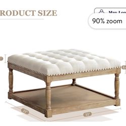33-inch Large Square Ottoman Coffee Tables for Living Room, Tufted Upholstered Linen Ottoman with Storage Shelf and Solid Legs for Office Bedroom Farm