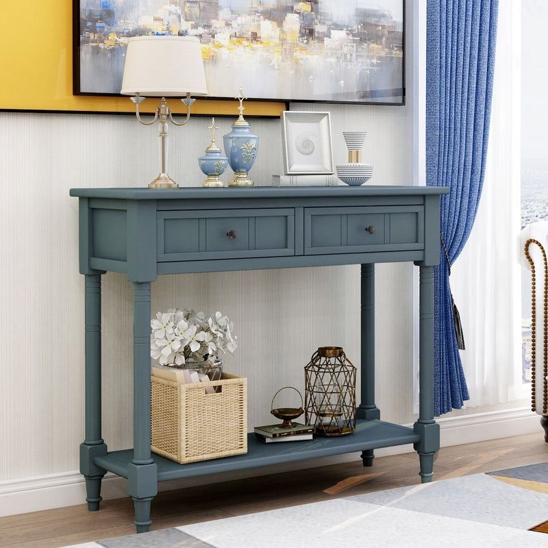 NEW. Blue. Sideboard Console Sofa Table Side Desk Entryway Hall Accent Table with Storage Drawers & Bottom Shelf