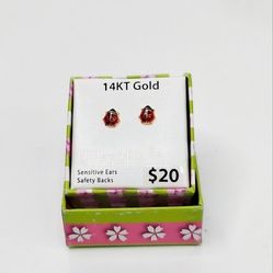 14 KT LADYBUG EARRINGS  WITH SURGICAL  STEELSAFE BACK. 