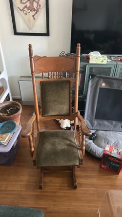 Vintage wood and green velvet rocking chair