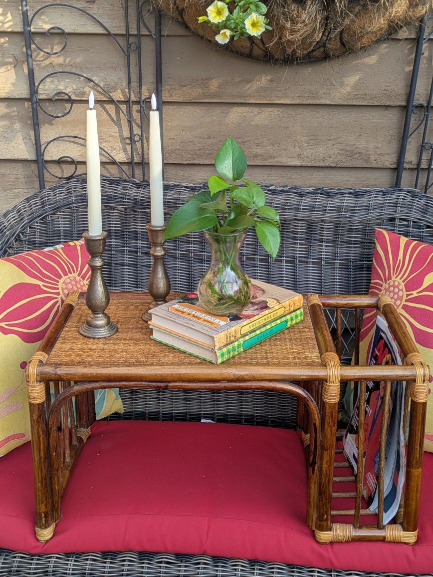 Vintage Breakfast In Bed Sofa Bamboo Rattan Serving Tray Magazine Holder