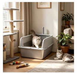 XXL Enclosed Stainless Steel Pan Litter Box with Scoop, Gray, 23.62 x 15.75 x 10.91-in