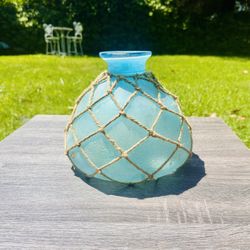 Beautiful Large Sea Glass Nautical Fishing Float Vase w/ Rope Net Coastal Decor