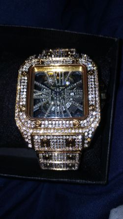 💎 Gold Santos-Style Skeleton Iced Out Watch 💎