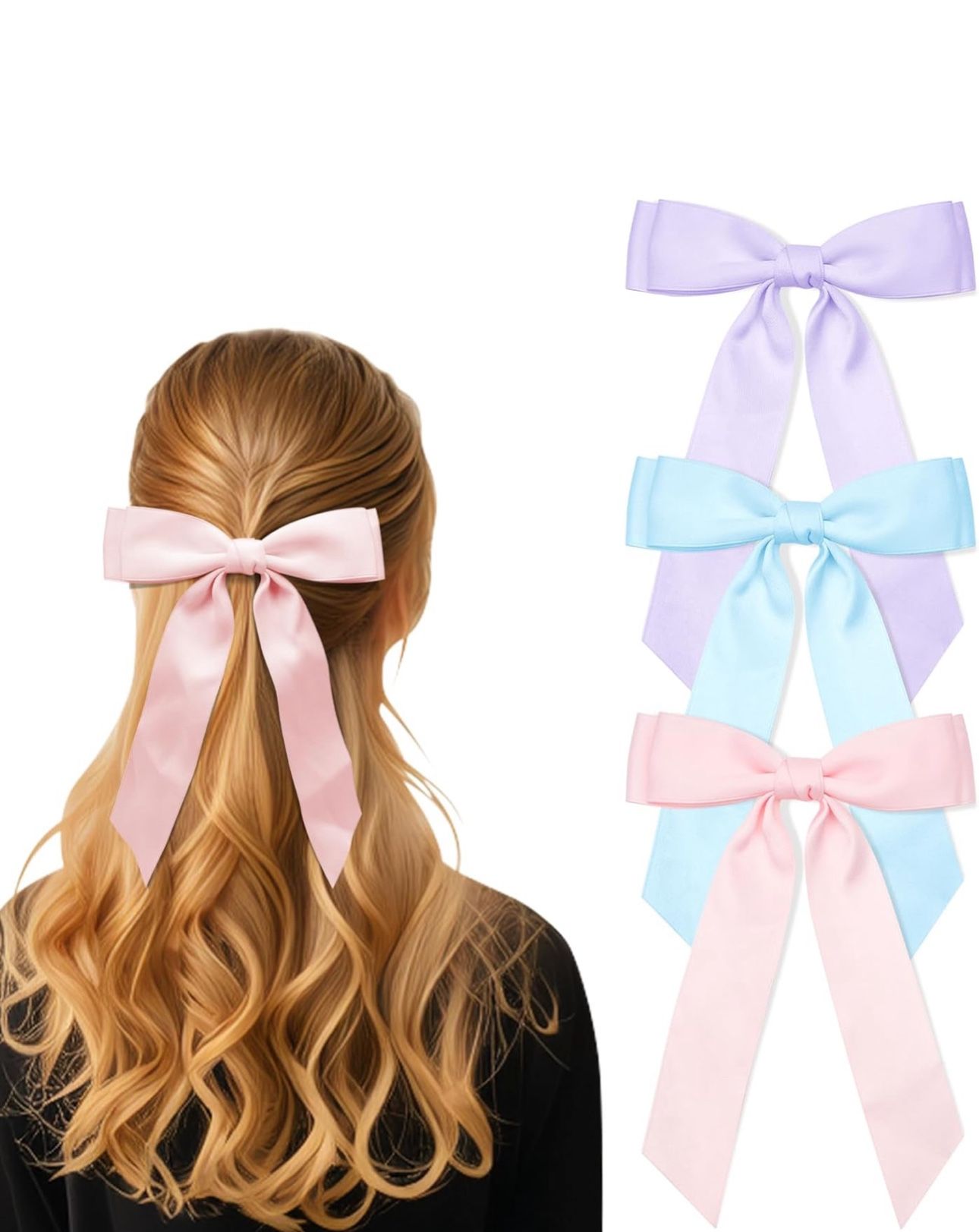 3Pcs Hair Bows for Women Pink Purple Blue Double-Layer Long Tail Bow Hair Clip