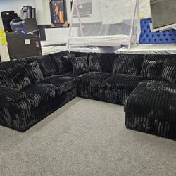 Brand New Sectional Black Corduroy Fabric W/ Pull Out Bed & Storage Chaise 6 Pillows Included $1599