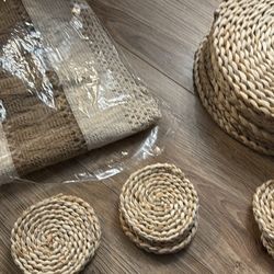 f Round Woven Placemat Macrame Style Bicolor Stitching Long Table Runner Farmhouse Rustic Natural Burlap Cotton for Kitchen Dining Table(6 Sets,Brown,