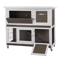 Aivituvin Wooden Rabbit Cage Indoor Bunny Hutch for 2 Rabbit, Movable, 2-Story
