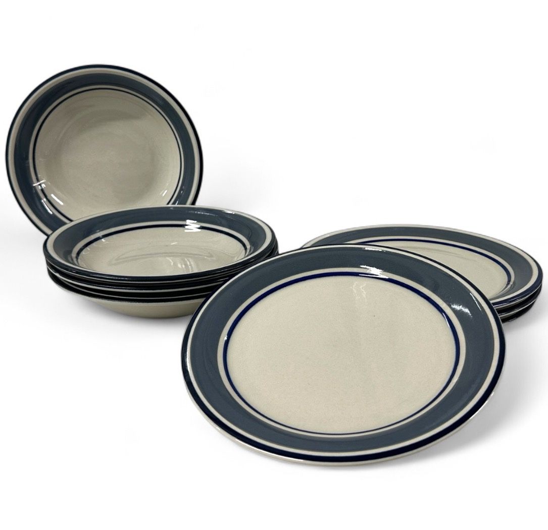 Vintage Ranmaru Japan Trend Slate Blue 7” Stoneware Plates & Bowls Set of 8