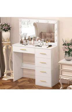 New in the box Makeup Vanity Desk with Mirror and Lights, Makeup Vanity Table, Makeup Desk with 5 Drawers and Storage Shelves, 3 Color Modes Adjustabl