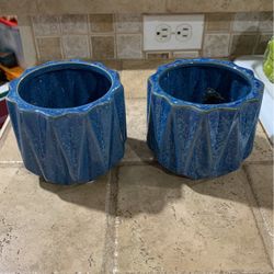 Matching Pair Of Blue Ceramic Planter Pots