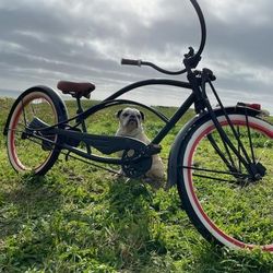 CUSTOM STRECHTED BEACH CRUSIER BIKE...HAS LED KIT ON WHEELS RED ..FRONT HEADLIGHT AND TAIl LIGHT ..Has Custodrym Seat ,Grips,...Very Unique!!