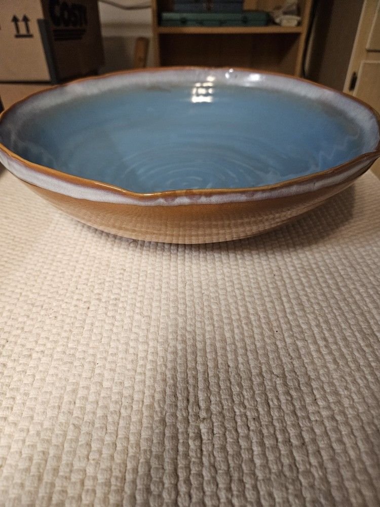 Pottery Bowl, 13x3 1/2, Blue Inside W/br Outer, New, Giftable , Heavy Duty 10.00