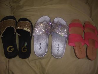 3 pairs of sandals. Good condition. The mauve color is new. The others are used but i kept them clean. 25.00 for all 3. PUO. Serious buyers please.