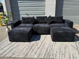 Modern Black Corduroy Sofa + 2 Ottomans | FREE Same-Day Delivery!