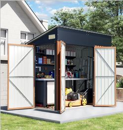 8x4 Ft Outdoor Storage Shed, Metal Garden Shed with Floor, Triple Lockable Doors & Vent, Multi-Used Shed for Backyard, Patio, Lawn and Tool & Bicycle 