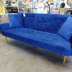 Blue Modern Velvet Futon Sofa Bed Couch with Metal Legs