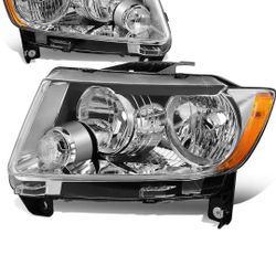 Auto Dynasty Factory Style Halogen Headlights Assembly Compatible with Jeep Grand Cherokee 2011-2013, Driver and Passenger Side, Chrome Housing Amber 