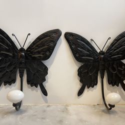 Pair of Black Metal Butterfly Coat Jacket Single Hook, White Ceramic Knob, Girls Bedroom Decor
