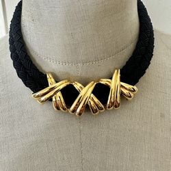 Black Braided Cord & Gold  Cris Cross Statement Necklace