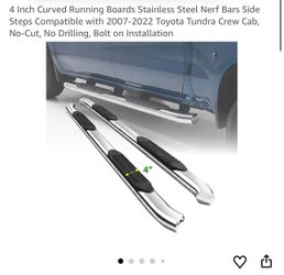 4 Inch Curved Running Boards Stainless Steel Nerf Bars Side Steps Compatible with 2007-2022 Toyota Tundra Crew Cab, No-Cut, No Drilling, Bolt on Insta