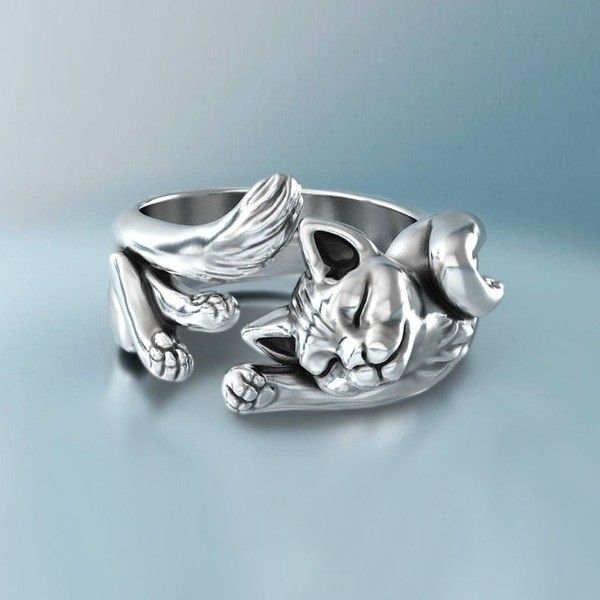 "Stretching Cat Simulation Cute Animal Silver Lovely Ring for Women, PD680
 