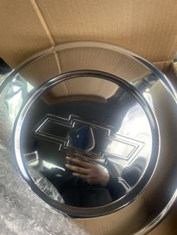 (DIMENSIONS IN PICS) Dog Dish Hubcaps New Chrome Rally Caps Chevy GMC C10 Pick Up New  Chevy Bow Tie Logo 