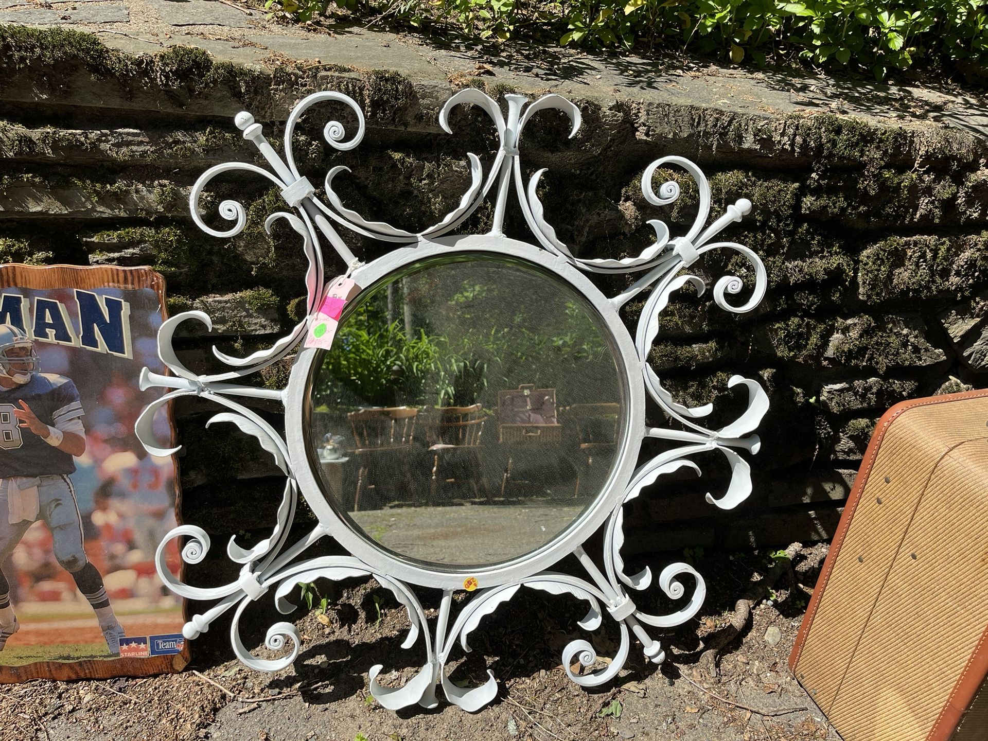 Large Antique White Round Cast Iron Decorative Mirror