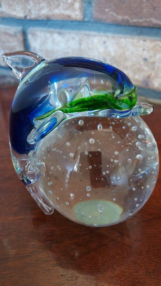 Art Glass Paperweight Blue Green Dolphin Clear Bubble Glass Ball Sphere