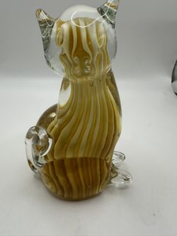 Gold Amber Striped Cat Art Glass Figurine Marked 6in