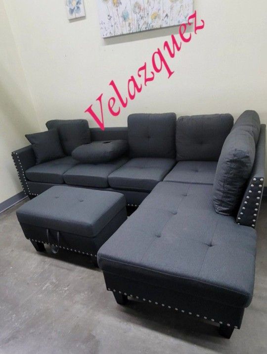✅️✅️3 pc charcoal linen like fabric sectional sofa drop down cup holder chaise and ottoman nail head trim ✅️