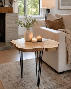 🌳 Rustic Live Edge Solid Wood Accent Table – Handmade Style | Hairpin Legs