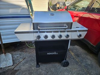 Nexgrill 5-Burner Propane Gas Grill with stainless steel hood, built-in side burner, and a front condiment rack warming rack  plus a 12,000 BTU side b