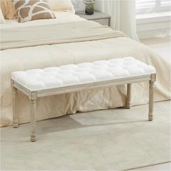 43.9" Linen Fabric End of Bed Bench, Vintage French Upholstered Button Tufted Entry Bench, Window Seat with Carved Wood Legs for Bedroom, Living Room,